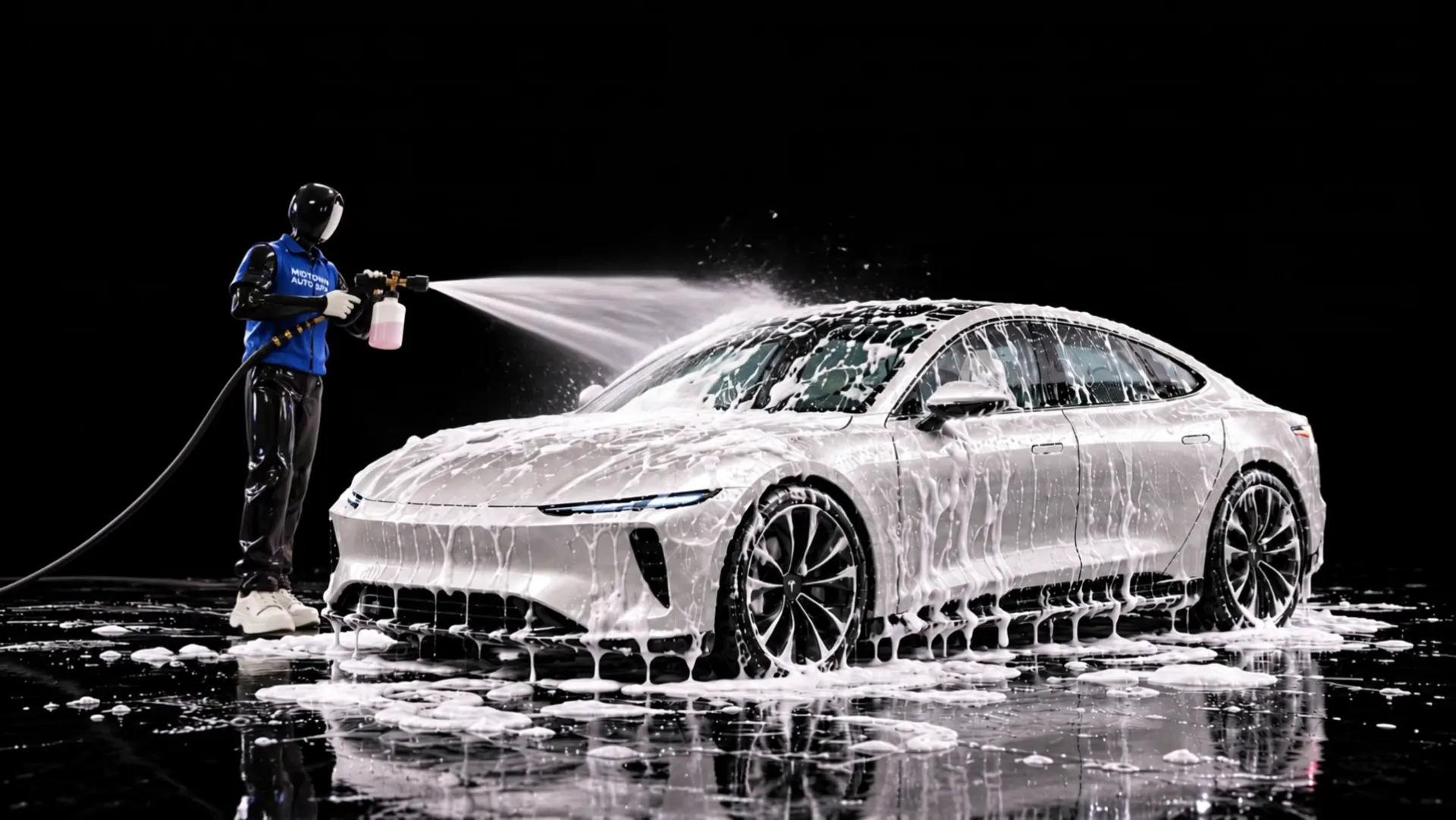 Detailer foaming a white sedan inside the Midtown Auto Spa bay