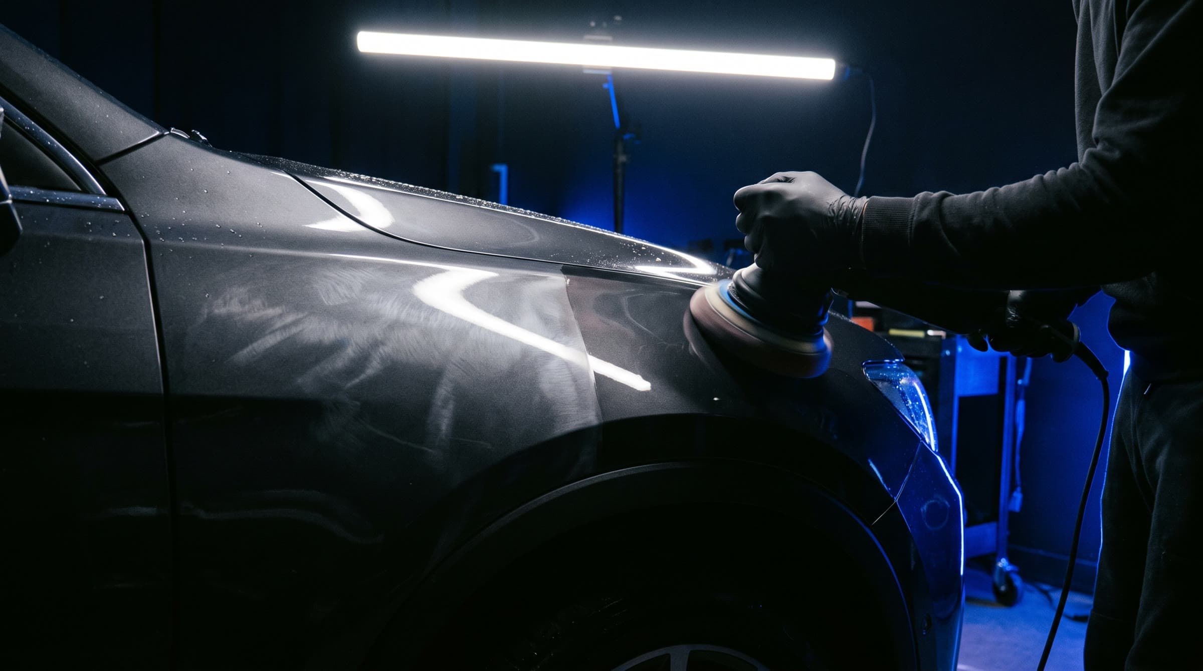 Detailer machine-polishing a fender, revealing a sharp reflection line